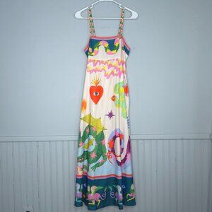 Cami Wonderland Print A-Line Sundress M Spaghetti Strap Maxi Boho Fairy